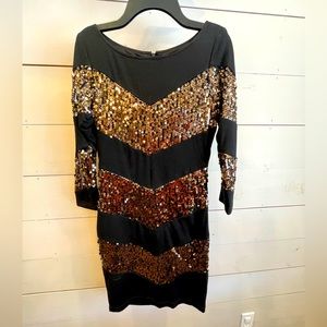 Vintage Black and Bronze Sequin Chevron Print Gianni Bini Cocktail Dress